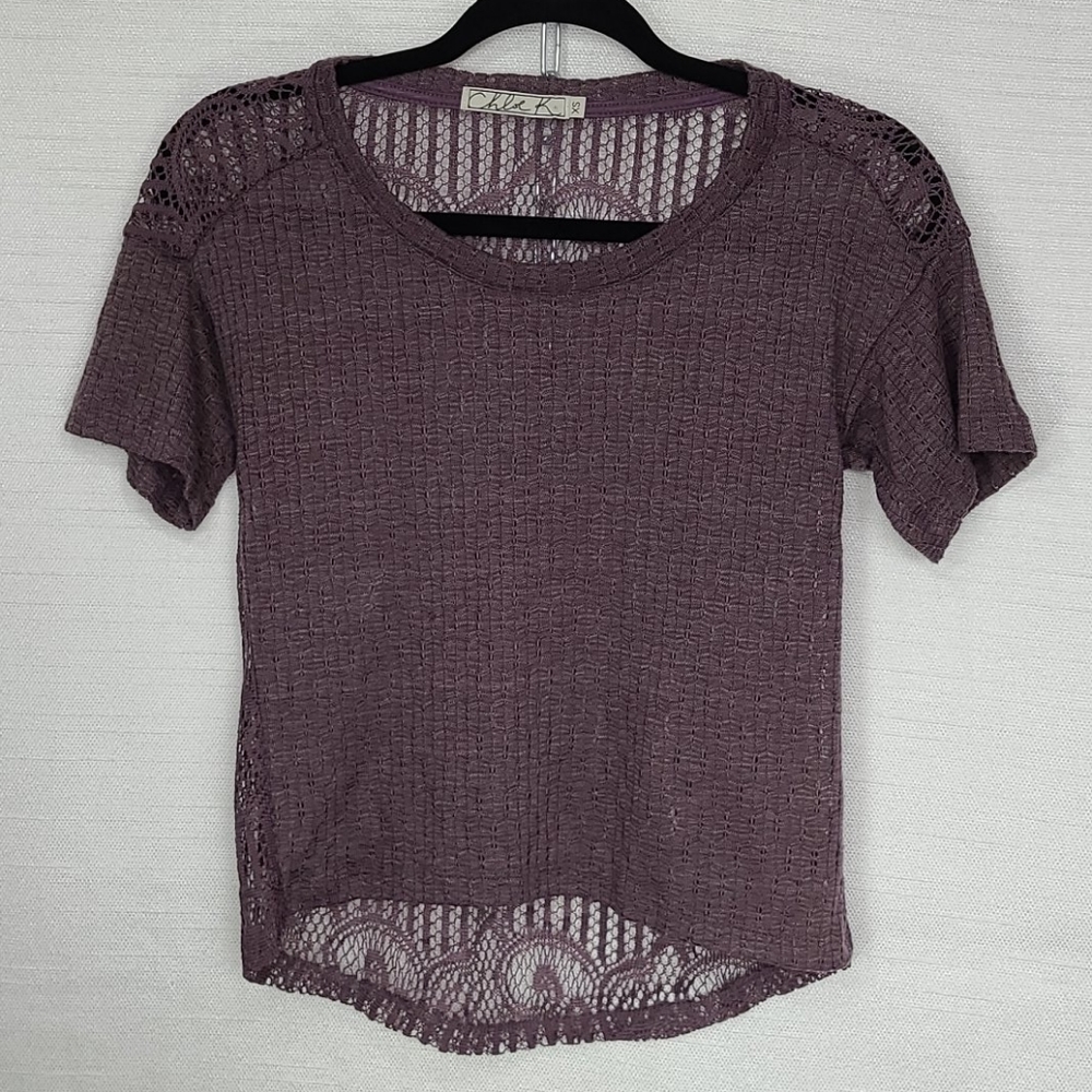 Chloe K Short Sleeve Knit Lace Top Hi-Lo Purple XS